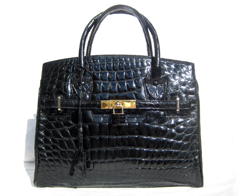 HELENE Jet Black CROCODILE Belly Skin BIRKIN Bag BRIEF - HERMES Style!