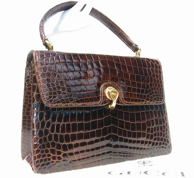 GUCCI 1980's CROCODILE Porosus Skin Handbag w/TIGER EYE Clasp