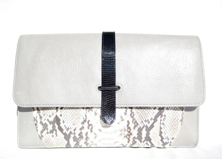  2000's Gray Leather, Python & Lizard Skin Clutch Bag w/SILVER - Khirma Elliarov w/ tags! 