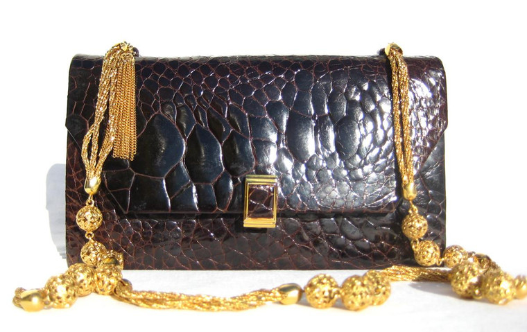  Gorgeous 1950's-60's Chocolate Brown Turtle Skin Shoulder Bag 