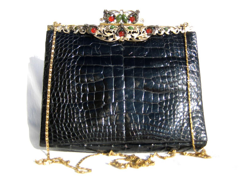  Jet Black 1960's Alligator Skin Evening Cross Body Bag with Filigree and Beading - La Juenesse 