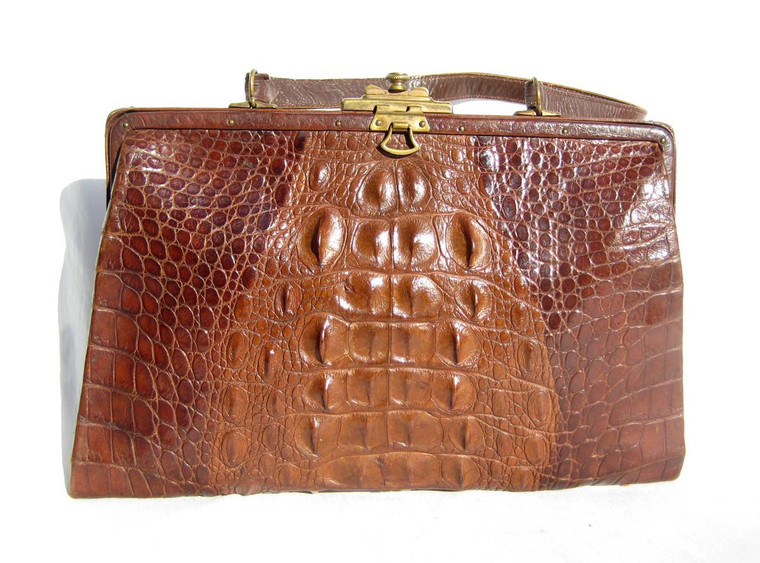  Beautiful Antique Early 1900's Brown Hornback ALLIGATOR Skin Handbag 