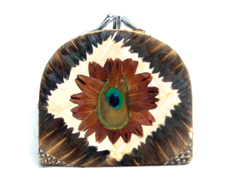 Beautiful 1980's PEACOCK & Pheasant Feather Change Purse