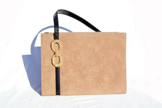  MARTIN VAN SCHAAK 1950's-60's Tan & Black Suede and Lizard Skin Handbag 