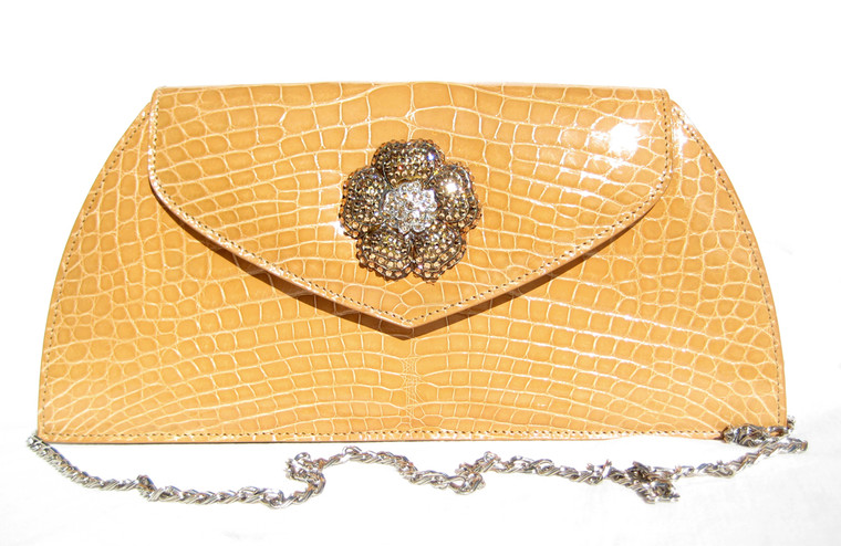 Mustard Yellow 1990's-2000's Alligator Belly Skin Handbag - Unique JEWELED Front!