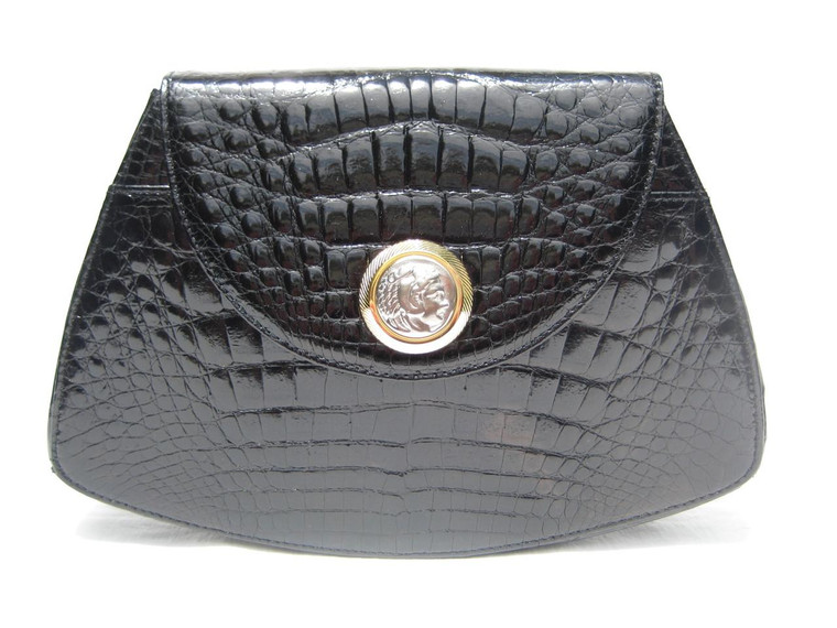  SISO JET BLACK 1990's CROCODILE Belly Skin Clutch Shoulder Bag - GREEK COIN! 