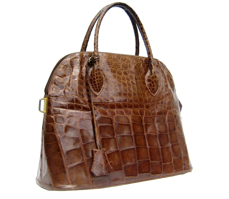 Stunning  XL 14 x 10 BOLIDE Style CHESTNUT Premium ALLIGATOR Belly Skin Handbag - Lock & Key!