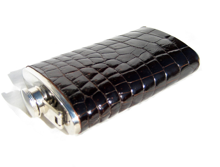 Dark ESPRESSO Brown  Tall Custom Alligator Belly Skin 6 Oz. Stainless Hip FLASK - NEW!