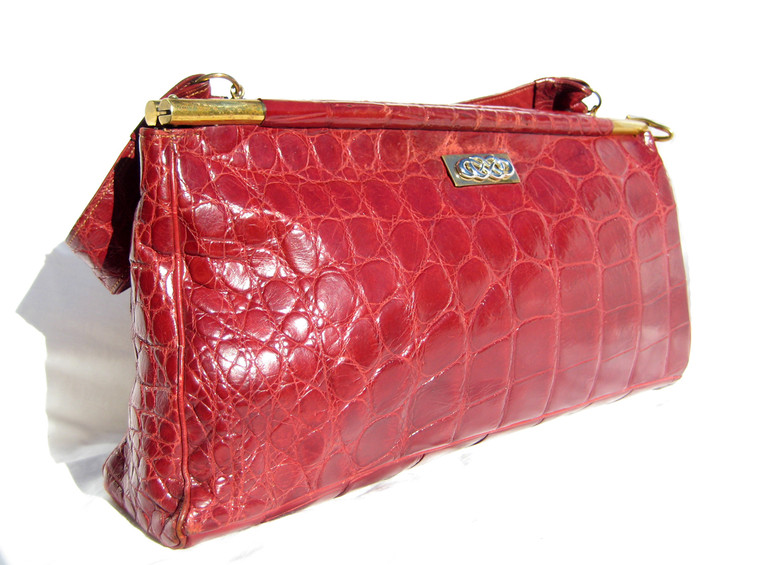 XL 13" Wide RED 1940's-50's HARRY ROSENFELD Deco ALLIGATOR Skin Shoulder Bag