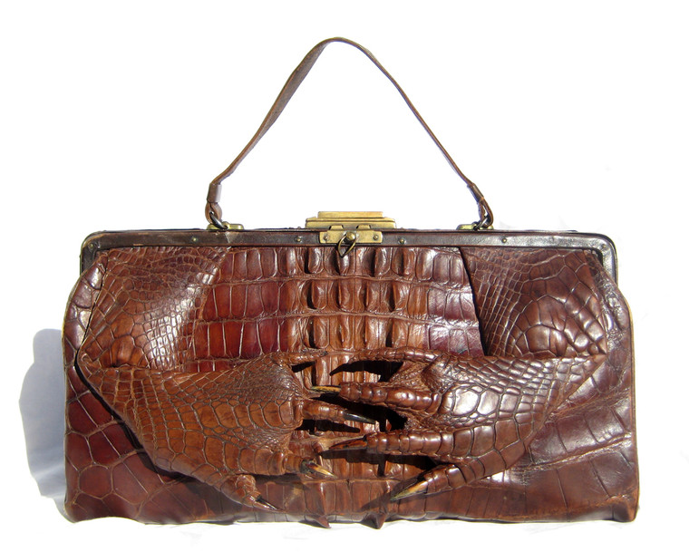 Dramatic Brown Early 1900's Antique Hornback Alligator Handbag w/Paws!