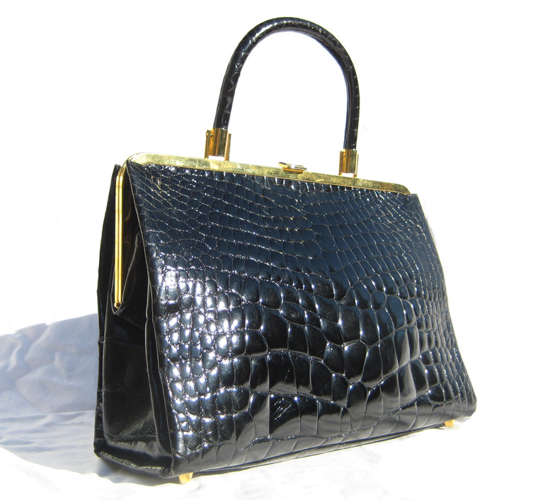 XL 1990's-2000's Jet Black ALLIGATOR Belly Skin Handbag -Maxima - Titti Del'Aqua - ITALY