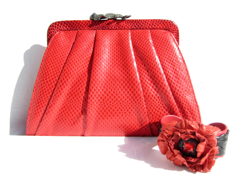 Gorgeous RED Judith Jack 1980's-90's KARUNG Snake Skin Clutch Shoulder Bag - Marcasite CAT - Matching Leather Flower Cuff!
