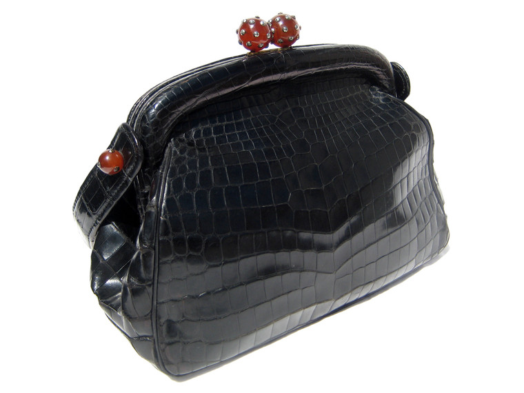 Jet Black 1960's Alligator Belly Skin Handbag w/Bakelite Details! 