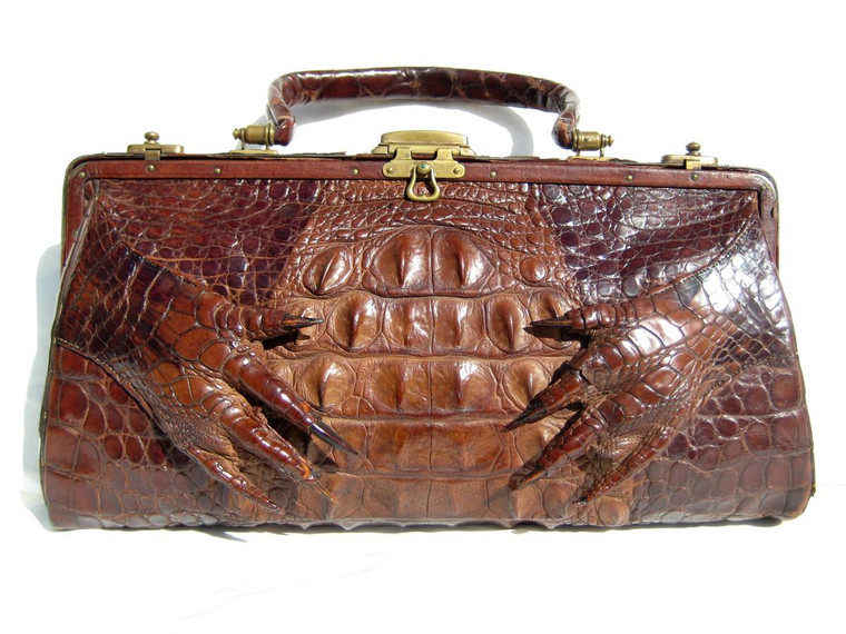  Dramatic 13" Early 1900's Brown Antique Hornback Alligator Handbag w/Paws! 