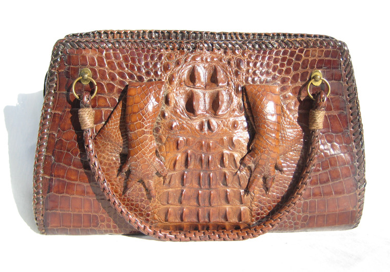 Dark Brown 1940's-50's  Antique Hornback Alligator Skin Handbag w/Laced Edges & Paws!