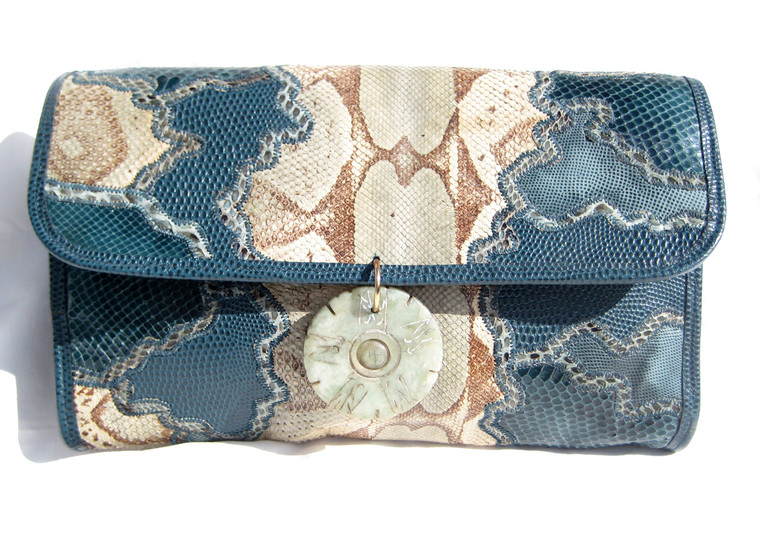 1980's Blue, Green & Cream BOA Snake Skin & Lizard CLUTCH Shoulder Bag - TROTTING