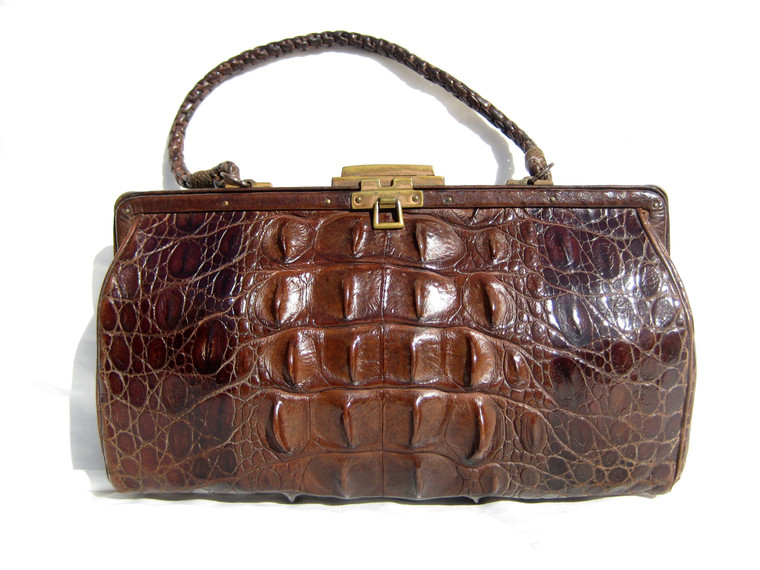 Early 1900's Chocolate Brown Hornback Alligator Skin Handbag