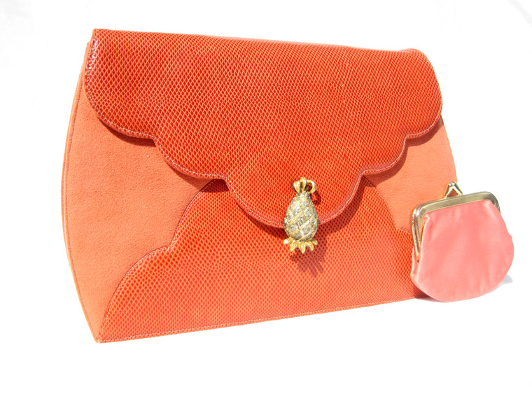 Salmon Pink 1960's MARTIN VAN SCHAAK Karung Snake Skin & Suede Clutch Shoulder Bag - Pineapple