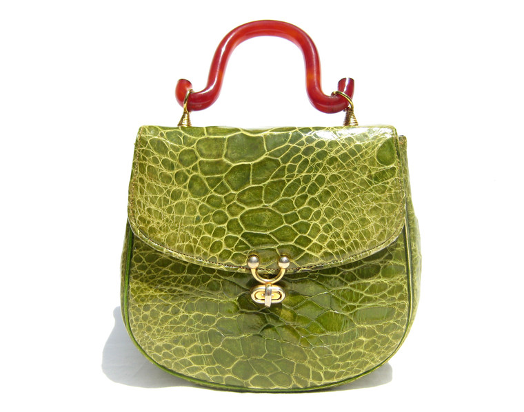 Lovely LIME (Kohlrabi) GREEN 1950's-1960's TURTLE Skin Handbag w/Red Handle!