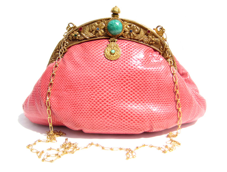 JACOMO PARIS - Gorgeous Jeweled Bubble Gum PINK 1960's KARUNG Snake Skin Evening Bag