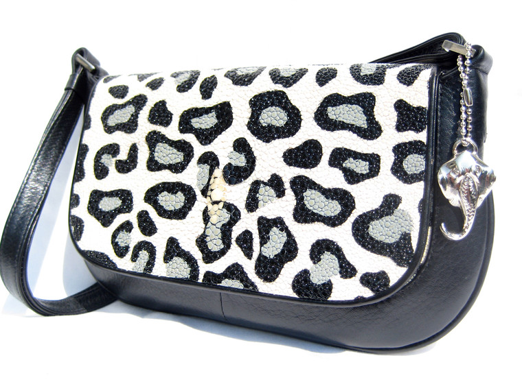 Terrific Cream, Black & Gray Leopard Print STINGRAY Skin Shoulder CROSS body Bag