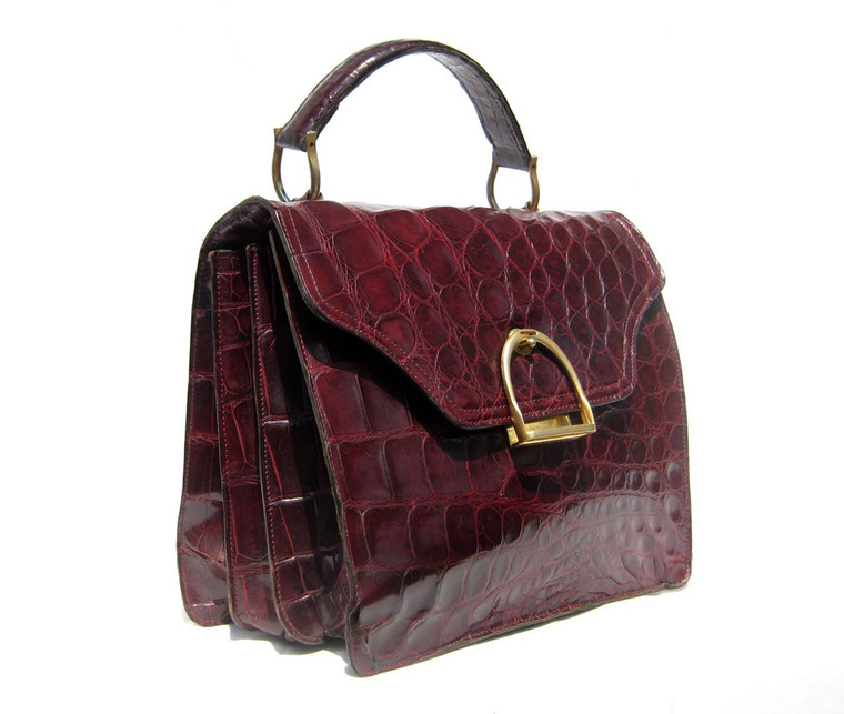  XXL MOD Dark Burgundy RED 1970's ALLIGATOR Belly Skin Handbag Satchel 
