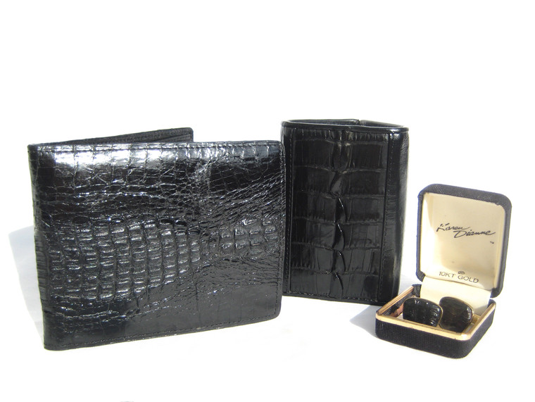 Edgy SET - Unisex Black HORNBACK Alligator Skin Wallet, Key Case &  CUFF LINKS!