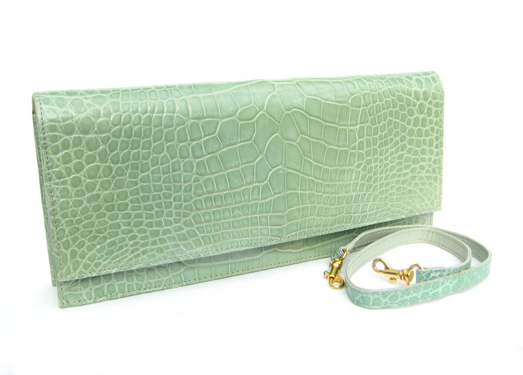 Seafoam GREEN Early 2000's ALLIGATOR Belly Skin CLUTCH Shoulder Bag - ITALY