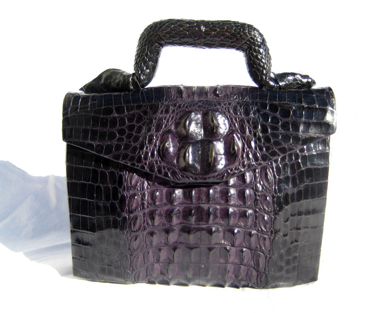 Beautiful Dark PURPLE 1920's-30's Hornback Crocodile Handbag w/Snake Skin Lining!