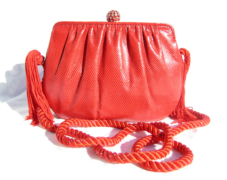 Elegant RED 1980's-90's KARUNG Snake Skin Clutch Shoulder Clutch Bag - Jeweled Clasp!