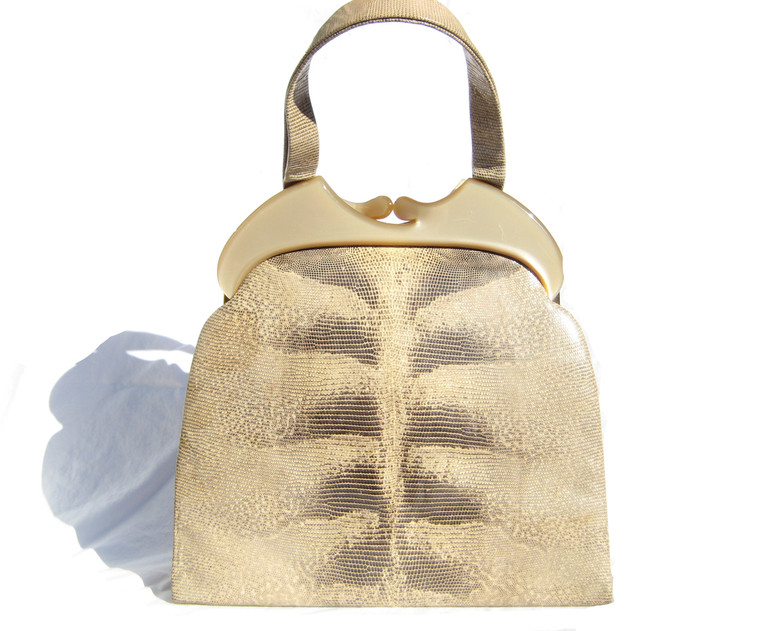 XL 1950's-60's GOLD & TAN Lizard Skin & LUCITE Handbag w/Matching Coin Purse!