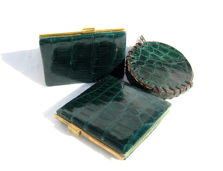 Unisex 1950's Green CROCODILE Set - Cigarette Case, Change Purse & Powder Case