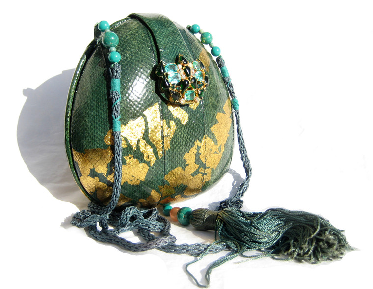 Raphael Sanchez Jeweled Dark GREEN & GOLD 1980's Genuine SNAKE SKIN Clutch Shoulder Bag