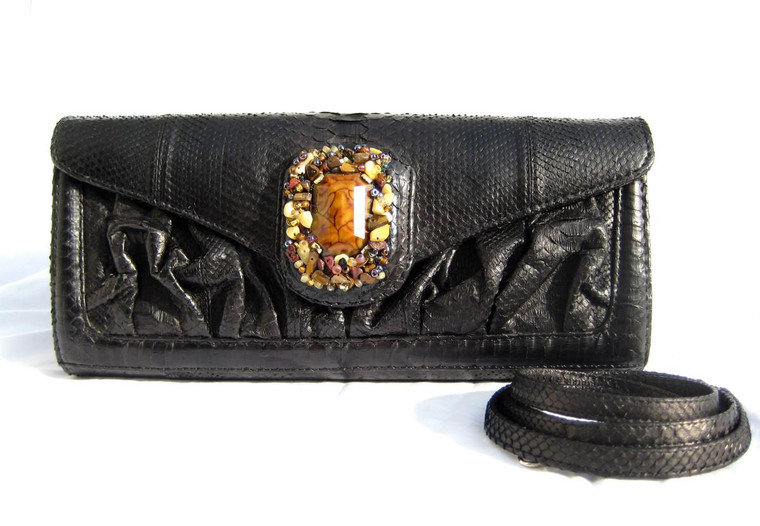  2010's Custom Jet Black PYTHON Snake Skin CLUTCH Shoulder Bag with STONES! 