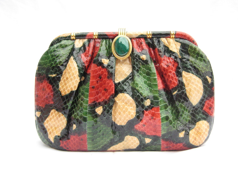 1980's Red, Green & Cream Jeweled  ASHNEIL Dyed Cobra Snake Skin Clutch Shoulder Bag