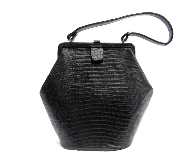  DECO 1950's Jet Black LIZARD Skin Handbag by Melbourne Bags 