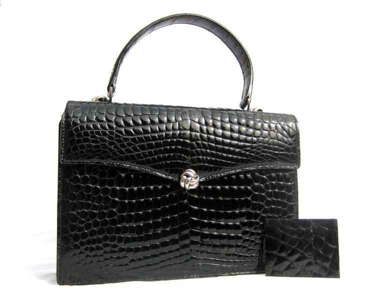 Timeless 1960's JET BLACK CROCODILE Porosus Belly Skin Handbag - G. BORRI