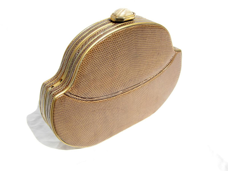  TAN WALTER KATTEN 1970's-80's Hard-Sided LIZARD Skin CLUTCH - ITALY! 