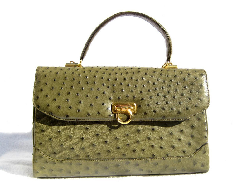  XL  Early 2000's ARMY GREEN Ostrich Skin Satchel Handbag 