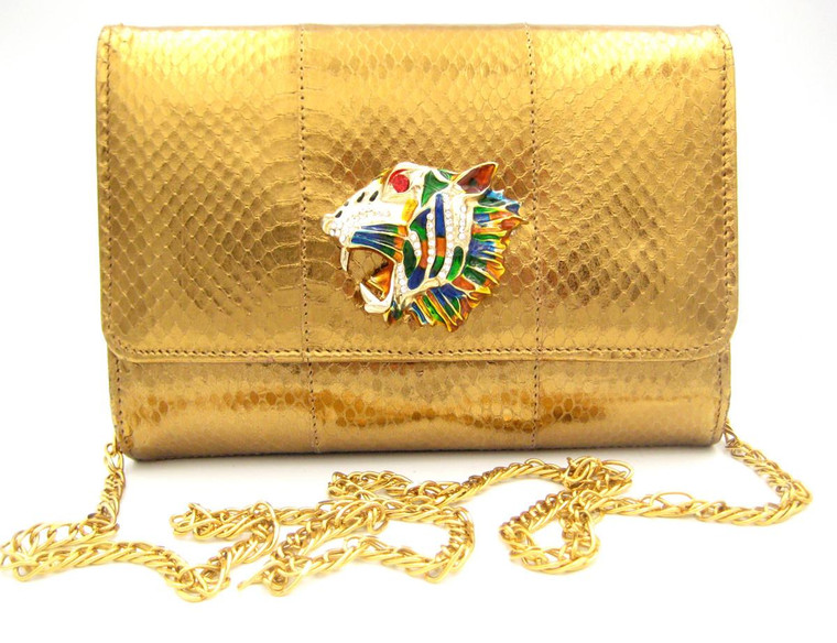  METALLIC GOLD 1990's COBRA Snake Skin Clutch Shoulder Bag - LION! 