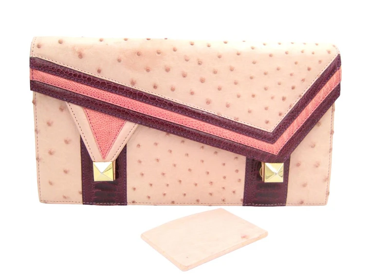  MOD Pink & Burgundy Early 2000's Ostrich Skin Clutch Shoulder Bag - LORENZI 