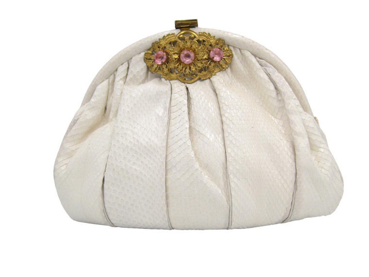  SHARIF 1980's BONE White Snake Skin CLUTCH Shoulder Bag - JEWELED Front 