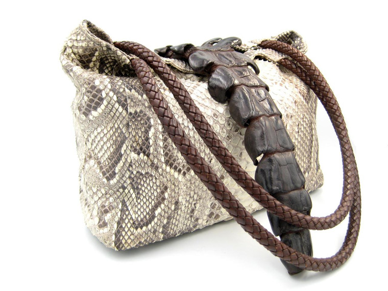  Stunning XL Cream & Brown Matte PYTHON Snake Skin Shoulder Bag - CROCODILE Tail! 
