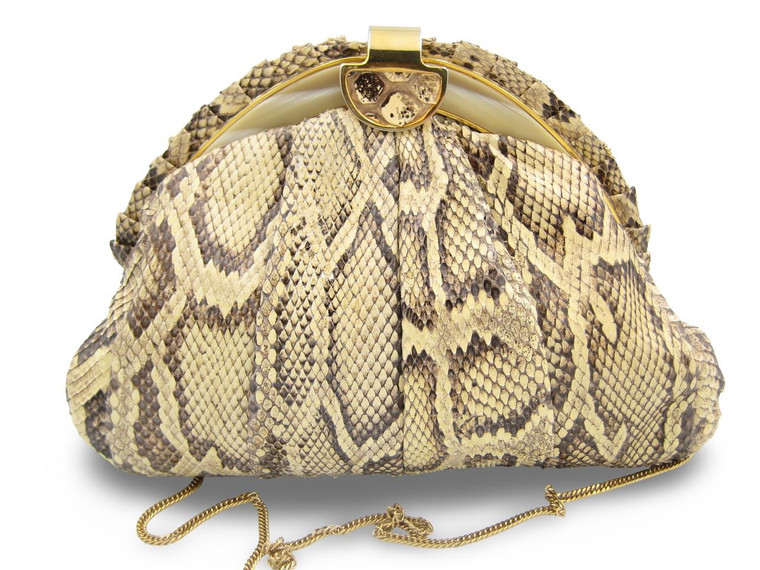  SHARIF 1990's Pale Yellow & Brown PYTHON Snake Skin CLUTCH Shoulder Bag 