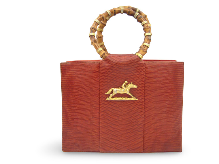 Burnt Orange MARTIN VAN SCHAAK 1960's-70's Lizard Skin Handbag - Race Horse!!