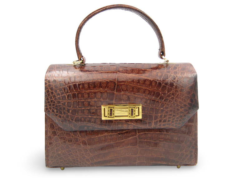 Stunning Lunchbox Style 1960's Brown Crocodile Belly Skin Handbag - Panama