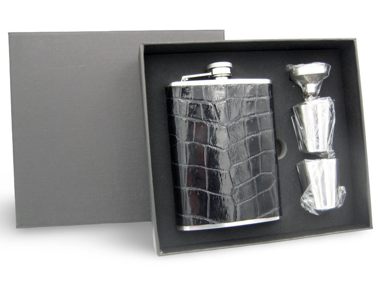 Jet Black Custom Alligator Belly Skin 8 Oz. Stainless Hip FLASK Set - NEW! 