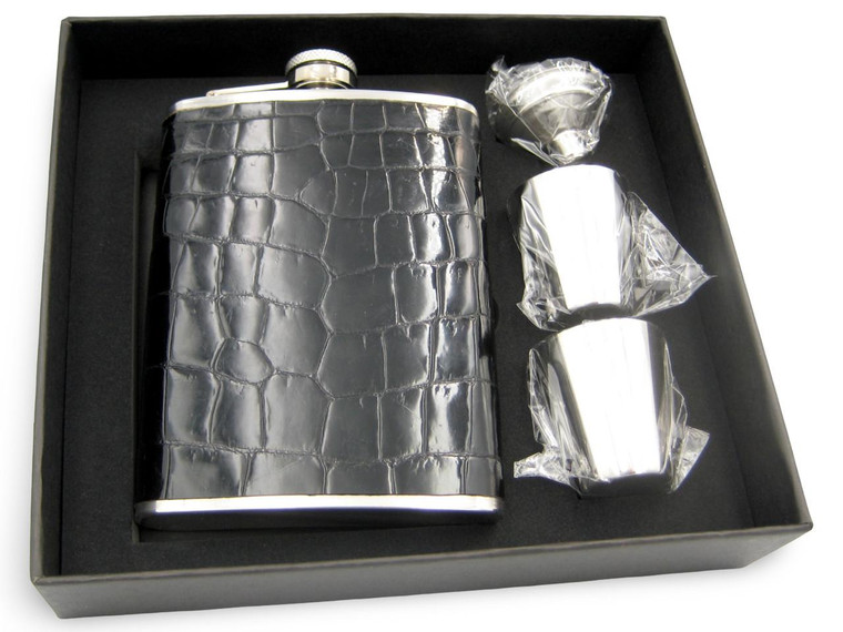  Custom Jet Black Alligator Belly Skin 8 Oz. Stainless Hip FLASK Set - NEW! 