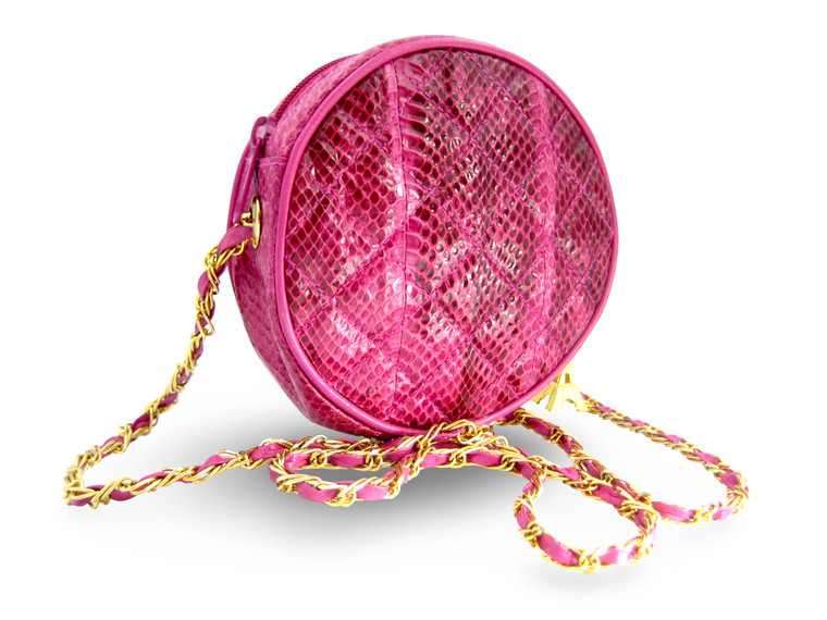 Round 1990's Quilted Festival Fuschia Pink COBRA Snake Skin Shoulder Cross Body Bag