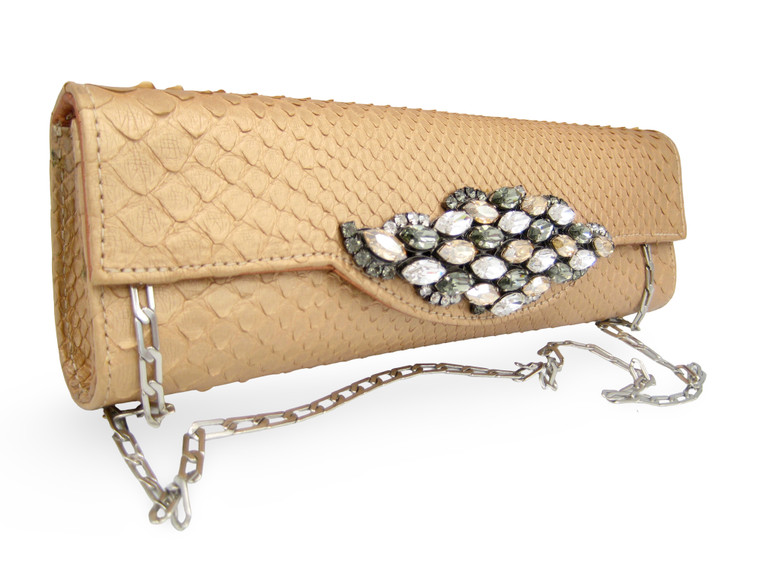 Early 2000's TImeless Jeweled Pale GOLD Python Snake Skin Slim Clutch Shoulder Bag - FALCHI